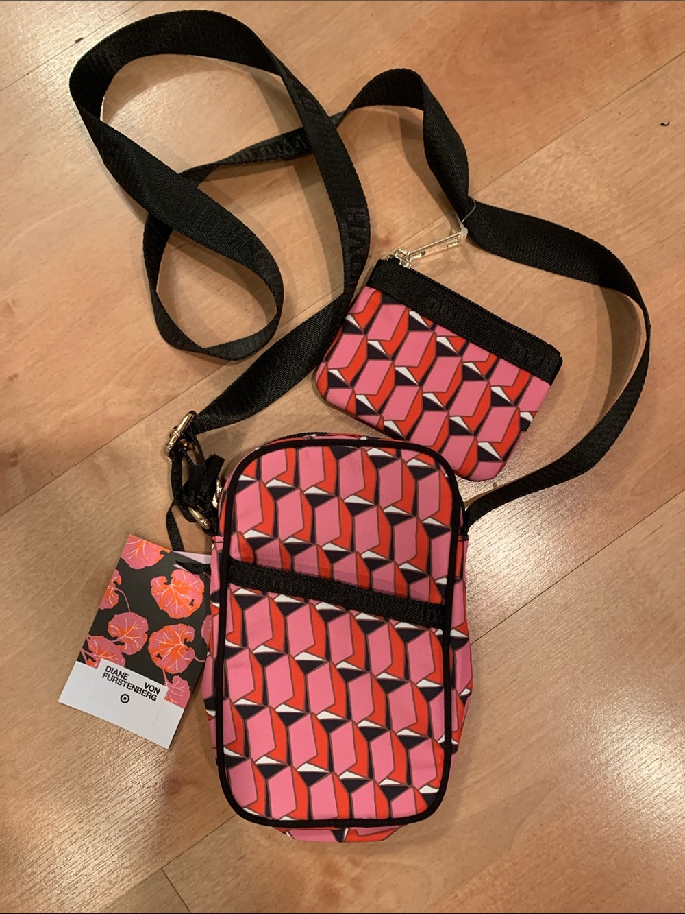 Diane Von Furstenberg Pink and Red Geometric Crossbody with Black Strap